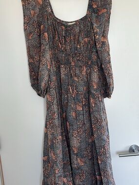 Ulla Johnson Midi Dress in Coral and Black Floral Print